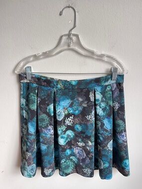 Whimsigoth Express Dark Teal Floral Pleated Skater Mini Skirt - Fairycore